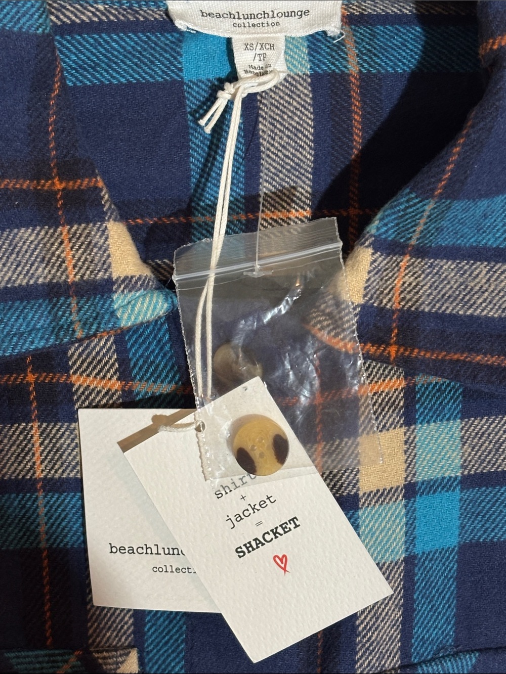 NWT beachlunchlounge Plaid Button-Up “Ella”  Jacket - Blue/Teal/Orange - Size XS